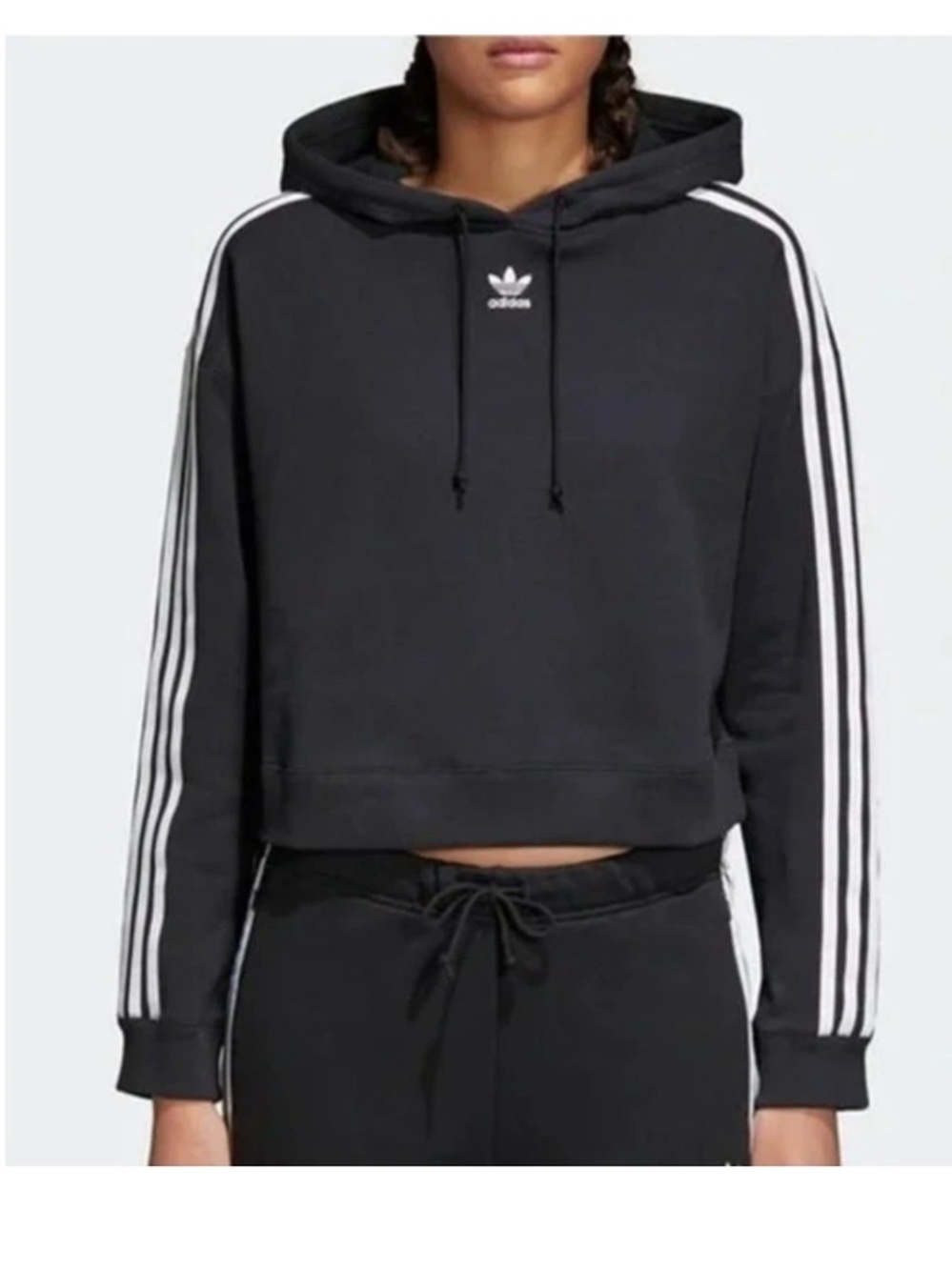 adidas Women’s Essentials Black Cropped Hoodie with White Sleeve Stripes Large
